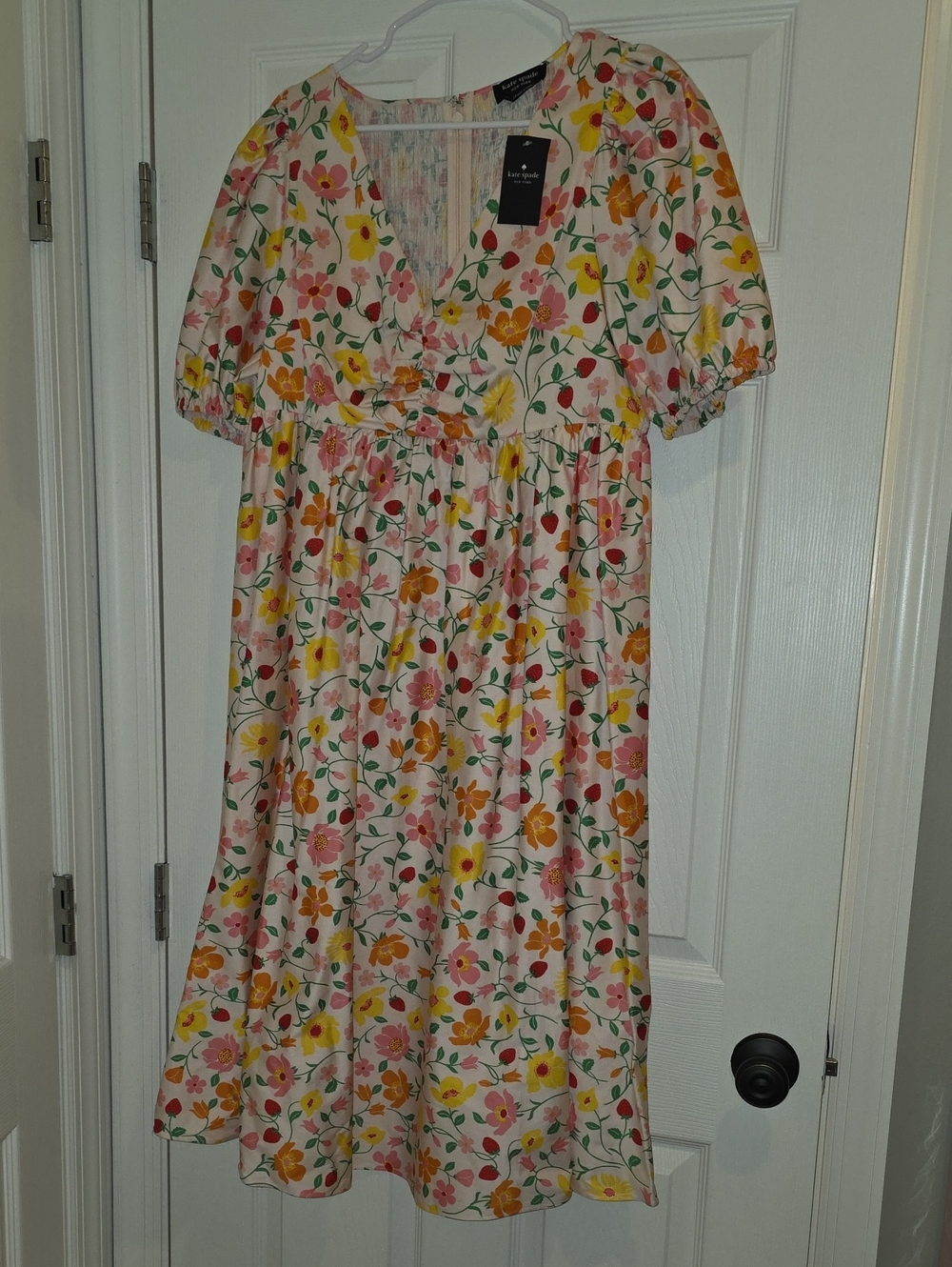 kate spade Cream Floral Puff-Sleeve Empire Dress with Pink & Yellow Blooms